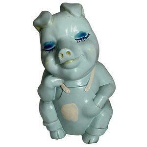 Vintage Blue Piggy Bank Chalkware 1949 Coin Signed A.P 9.5”